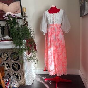 White & Pink Floral Maxi Dress with Puff Sleeves